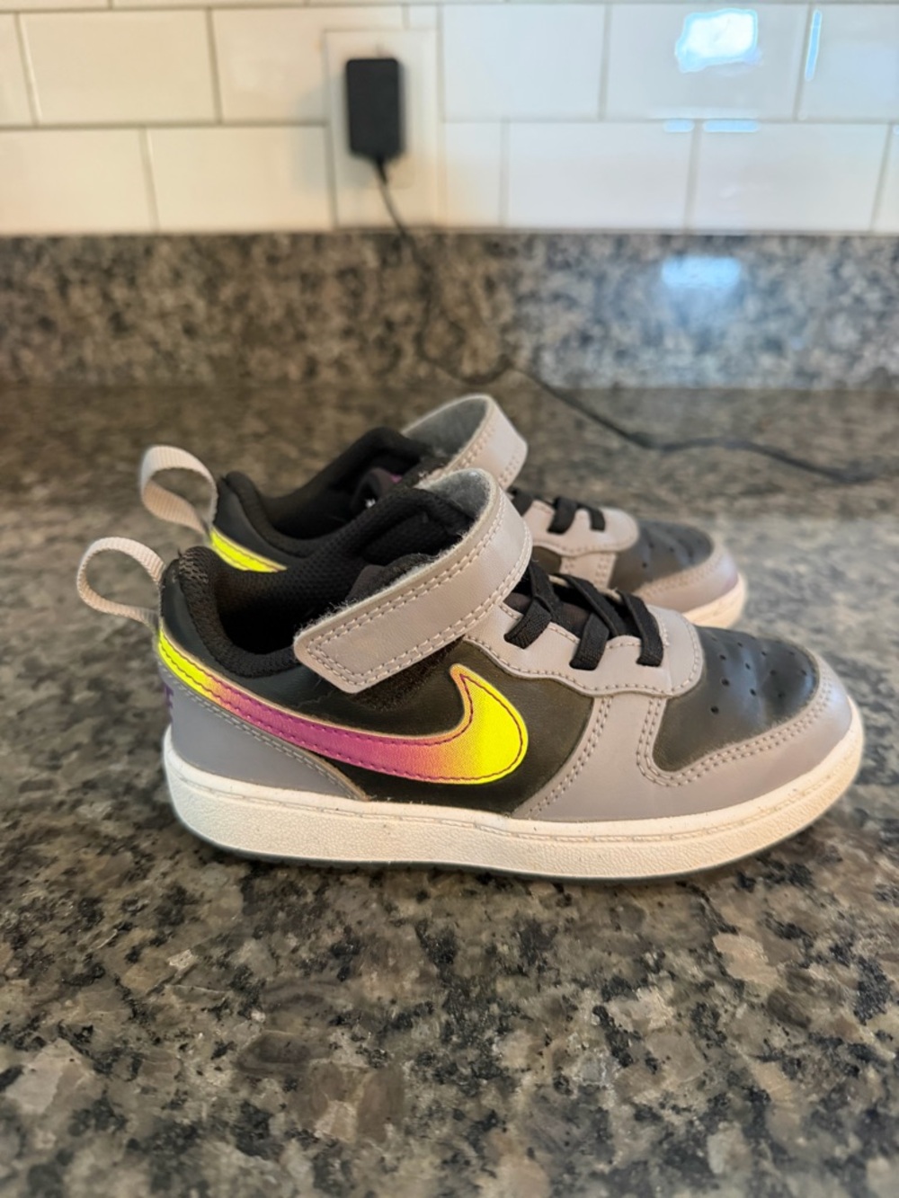 Nike Kids Gray and Black Sneakers with Yellow-Pink Gradient Swoosh